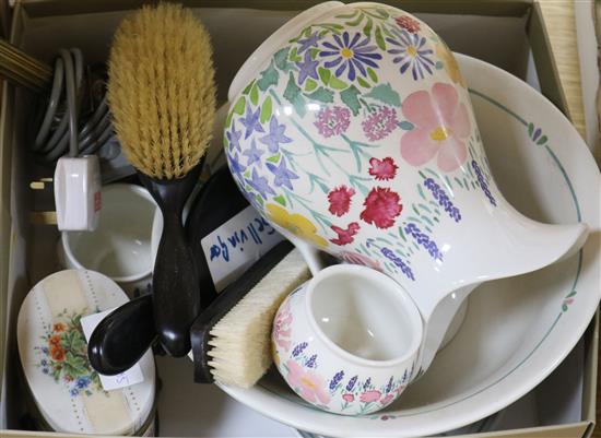 A porcelain floral box, was jug and basin, pot lid and brushes